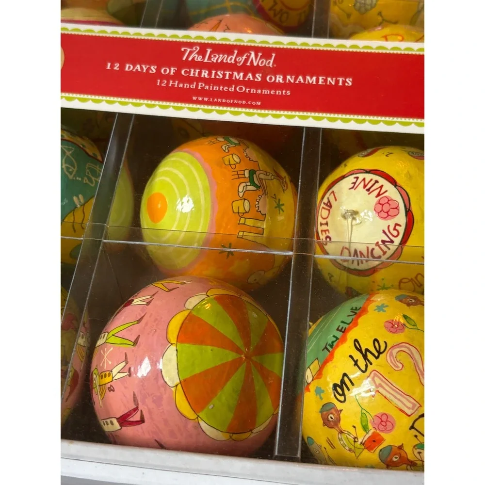 NIB The Land of Nod 12 Days of Christmas Hand Painted Ornaments Colorful Set 12